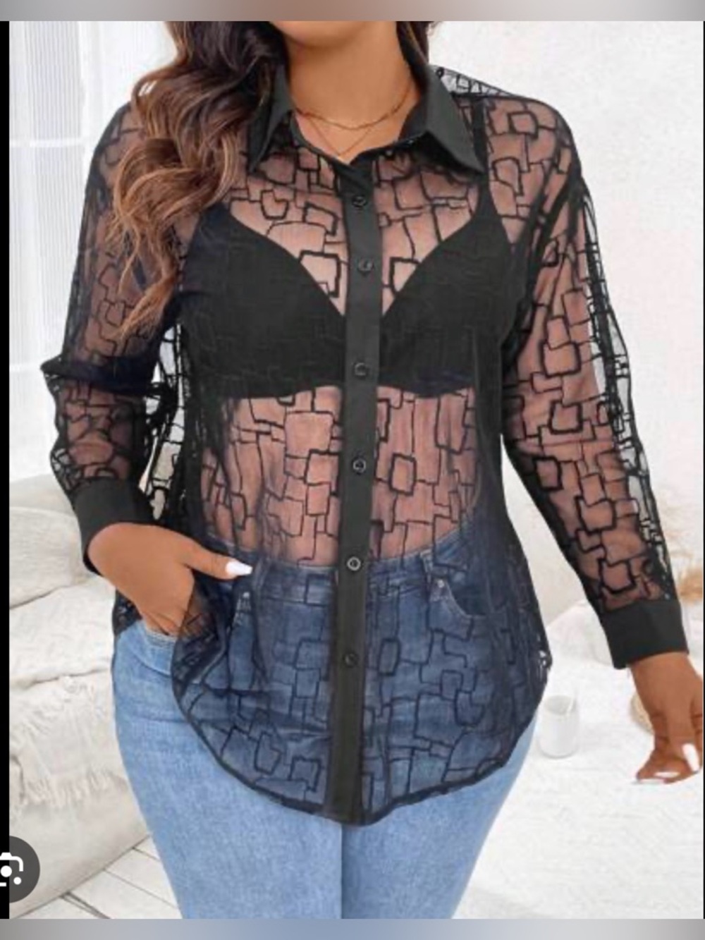 SHEIN Black Sheer Geometric Lace Button-Down Shirt - Women